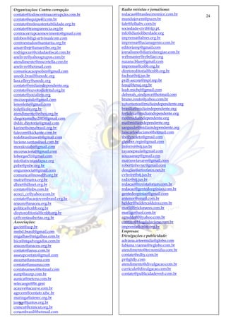 24
24
Radio revistas e jornalismo:
redacao@brasileconomico.com.br
mundojovem@pucrs.br
fale@folhabv.com.br
sociedade-civil@rtp.pt.
info@diarioliberdade.org
imprensa@abres.org.br
imprensa@lucianagenro.com.br
editoriarsp@gmail.com
jornalismo@diariodaregiao.com.br
webmaster@rebeliao.org
suzana.blass@gmail.com
imprensa@cnbb.org.br
diretoreditorial@cnbb.org.br
fuchoa@stj.jus.br
prdf-ascom@mpf.mp.br
fenaj@fenaj.org.br
laub.michel@gmail.com
deborah_sindjorce@hotmail.com
bruno.couto@yahoo.com.br
voluntarios@midiaindependente.org
brasilia@midiaindependente.org
fortaleza@midiaindependente.org
rio@midiaindependente.org
ssa@midiaindependente.org
saopaulo@midiaindependente.org
luiscarlosluciano@hotmail.com
sheilynoleto@gmail.com
gleuber.regis@gmail.com
lmferrei@stj.jus.br
rayanepaula@gmail.com
souzaanap@gmail.com
marcosvtavares@gmail.com
robertinho.tec@gmail.com
douglas@arteefatos.net.br
cvfreire@stj.jus.br
radio@stj.jus.br
redacao@revistaforum.com.br
redacao@gentedeopiniao.com.br
gentedeopiniao@gmail.com
antenor@email.com.br
helder@heldercaldeira.com.br
marli@brickmann.com.br
marligo@uol.com.br
agnaldo80@yahoo.com.br
contato@blogdaluciane.com.br
imprensa@cnbb.org.br
Empresas:
Divulgações e publicidade:
adriana.arteemidia@globo.com
fabiana.vianna@tvglobo.com.br
atendimento@tecnomidia.com.br
contato@edhy.com.br
pr@ghfly.com
atendimento@divulgacao.com.br
curriculo@divulgacao.com.br
contato@publicidadeweb.com.br
Organizações: Contra corrupção
contato@todoscontraacorrupção.com.br
contato@equipe40.com.br
contato@redesustentabilidade.org.br
contato@transparencia.org.br
contracorrupcaomovimento@gmail.com
infobox@digi-artvisualcom.com
centroestudos@santarita.org.br
amarribojr@amarribo.org.br
rodrigocuri@cidadaofiscal.com.br
anelivre@yahoogrupos.com.br
atendimento@mscortella.com.br
anelivre@hotmail.com
comunicacaopsolsm@gmail.com
unodc.brasil@unodc.org
lara.ellery@unodc.org
contato@midiaindependente.org
contato@euvotodistrital.org.br
contato@socialiris.org
mccsaopaulo@gmail.com
lenonleite@gmail.com
icde@icde.org.br
atendimento@ethos.org.br
diegoramalho2005@gmail.com
ibddc.diretoria@gmail.com
karine@somabrasil.org.br
falecom@kickante.com.br
redebrasilnaweb@gmail.com
luciano.santos@uol.com.br
moralcuiaba@gmail.com
mccenacional@gmail.com
loborges51@gmail.com
info@ativistasdapaz.org
pnbe@pnbe.org.br
ongunisocial@gmail.com
comunica@nossabh.org.br
matra@matra.org.br
dhnet@dhnet.org.br
contato@inbs.com.br
acecci_ce@yahoo.com.br
contato@acaojovembrasil.org.br
anaceu@anaceu.org.br
politica@cnbb.org.br
diretoreditorial@cnbb.org.br
ca@contasabertas.org.br
Associações:
gacint@usp.br
mnbd.brasil@gmail.com
migalhas@migalhas.com.br
lsica@stqadvogados.com.br
anaceu@anaceu.org.br
contato@aeuu.com.br
asseupcontato@gmail.com
assuma@assuma.com
contato@assuma.com
contatoameu@hotmail.com
aunp@aunp.com.br
aunica@netceu.com.br
selecaogsi@br.gest
acauve@acauve.com.br
agecom@contato.ufsc.br
maringa@aiesec.org.br
juntos@juntos.org.br
cnmcut@cnmcut.org.br
conambrasil@hotmail.com
 