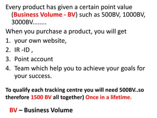 Every product has given a certain point value
(Business Volume - BV) such as 500BV, 1000BV,
3000BV........
When you purchase a product, you will get
1. your own website,
2. IR -ID ,
3. Point account
4. Team which help you to achieve your goals for
your success.
To qualify each tracking centre you will need 500BV..so
therefore 1500 BV all together) Once in a lifetime.
BV – Business Volume
 