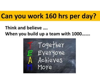 Can you work 160 hrs per day?
Think and believe ….
When you build up a team with 1000…….
 