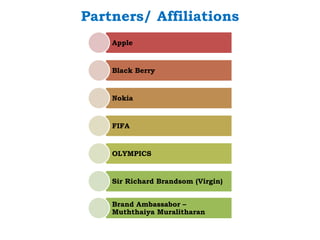Partners/ Affiliations
    Apple


    Black Berry


    Nokia


    FIFA


    OLYMPICS


    Sir Richard Brandsom (Virgin)


    Brand Ambassabor –
    Muththaiya Muralitharan
 