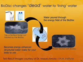 BioDisc changes „dead‟ water to „living‟ water


                                      Water poured through
                                      the energy field of the BioDisc




  Tap or Bottled Water not
  treated by the BioDisc




 Becomes energy enhanced
                                               Water treated with BioDisc
 structured water ready for your
 body to use

 Test Result Images courtesy of Dr. Masaru Emoto - I.H.M. Institute
                                                                            25
 