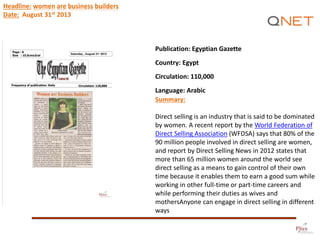 Publication: Egyptian Gazette
Country: Egypt
Circulation: 110,000
Language: Arabic
Summary:
Direct selling is an industry ...