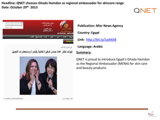 Headline: QNET chooses Ghada Hamdan as regional ambassador for skincare range
Date: October 29th 2013

Publication: Misr News Agency
Country: Egypt

Link: http://bit.ly/1adtkEB
Language: Arabic
Summary:
QNET is proud to introduce Egypt’s Ghada Hamdan
as the Regional Ambassador (MENA) for skin care
and beauty products.

 