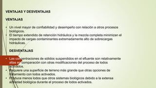 VENTAJAS Y DESVENTAJAS
VENTAJAS
• Un nivel mayor de confiabilidad y desempeño con relación a otros procesos
biológicos.
• El tiempo extendido de retención hidráulica y la mezcla completa minimizan el
impacto de cargas contaminantes extremadamente alto de sobrecargas
hidráulicas.
DESVENTAJAS
• Las concentraciones de sólidos suspendidos en el efluente son relativamente
altas en comparación con otras modificaciones del proceso de lodos
activados.
• Requiere una superficie de terreno más grande que otras opciones de
tratamiento con lodos activados.
• Produce menos lodos que otros sistemas biológicos debido a la extensa
actividad biológica durante el proceso de lodos activados.
 
