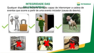    INTEGRIDADE DAS
SALVAGUARDAS
Qualquer dispositivo, sistema ou ação capaz de interromper a cadeia de
eventos que ocorre a partir de uma evento iniciador (causa do desvio).
 