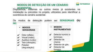 MODOS DE DETECÇÃO DE UM CENÁRIO
ACIDENTAL
Dispositivos, sistemas ou outros meios já existentes na
instalação ou previstos no projeto, utilizados para identificar a
ocorrência do cenário acidental.
Os modos de detecção podem ser SENSORIAIS OU
INSTRUMENTAIS.
• MODOS
SENSORIAIS
✔ Odor (olfato);
✔ Visual (visão);
✔ Auditivo (ruído);
✔ Tato (vibração);
✔ Paladar
(degustação).
• MODOS
INSTRUMENTAIS
✔ Detector sonoro e
luminoso;
✔ Detector de
chama;
✔ Detector de gás;
✔ Detector de
fumaça;
 