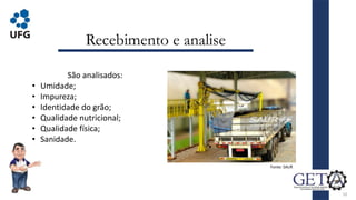 Recebimento e analise
10
São analisados:
• Umidade;
• Impureza;
• Identidade do grão;
• Qualidade nutricional;
• Qualidade física;
• Sanidade.
Fonte: SAUR
 