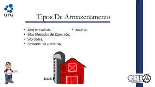 Tipos De Armazenamento
• Silos Metálicos;
• Silos Elevados de Concreto;
• Silo Bolsa;
• Armazém Graneleiro;
• Sacaria;
4
 