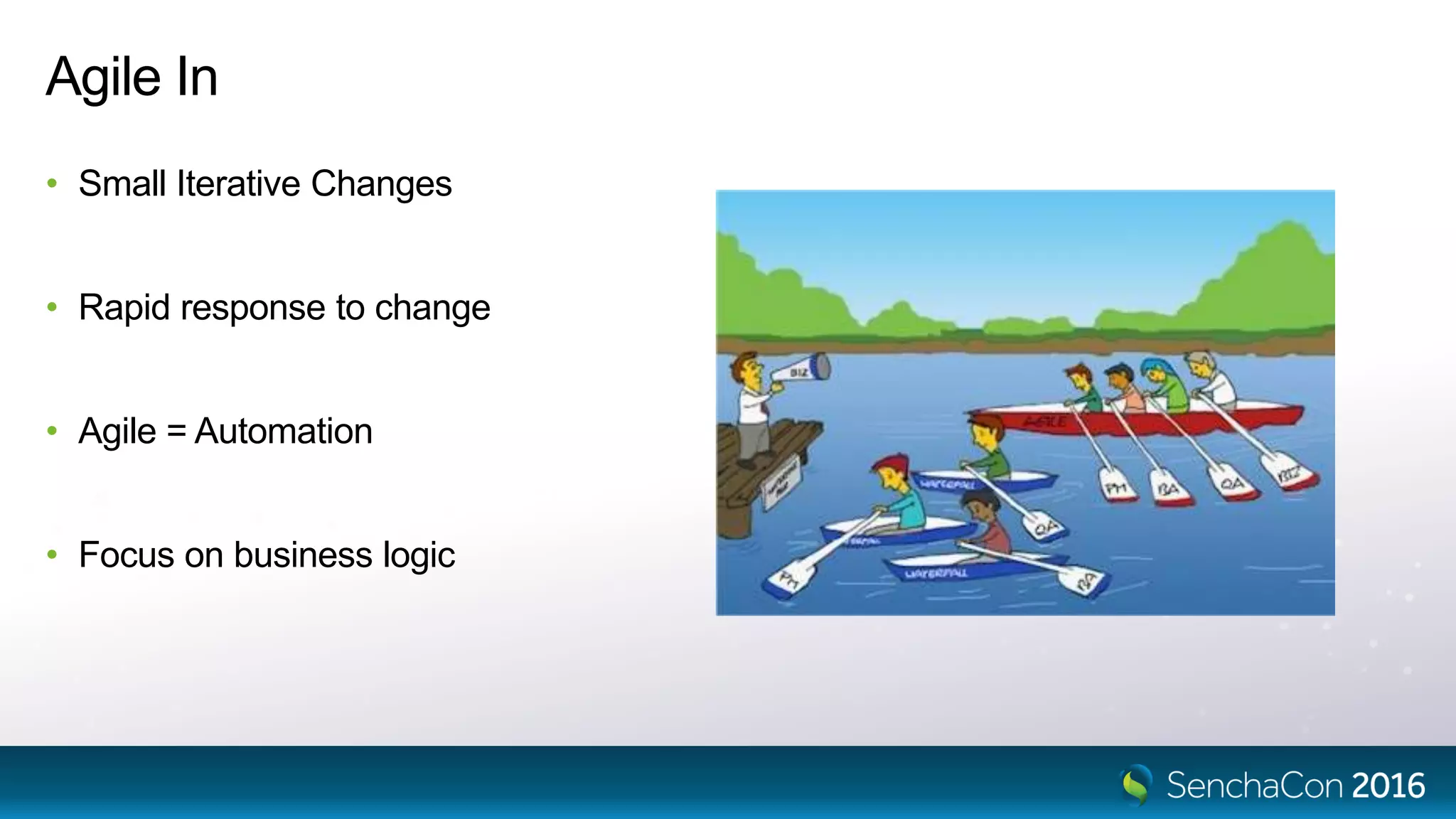 Agile In
• Small Iterative Changes
• Rapid response to change
• Agile = Automation
• Focus on business logic