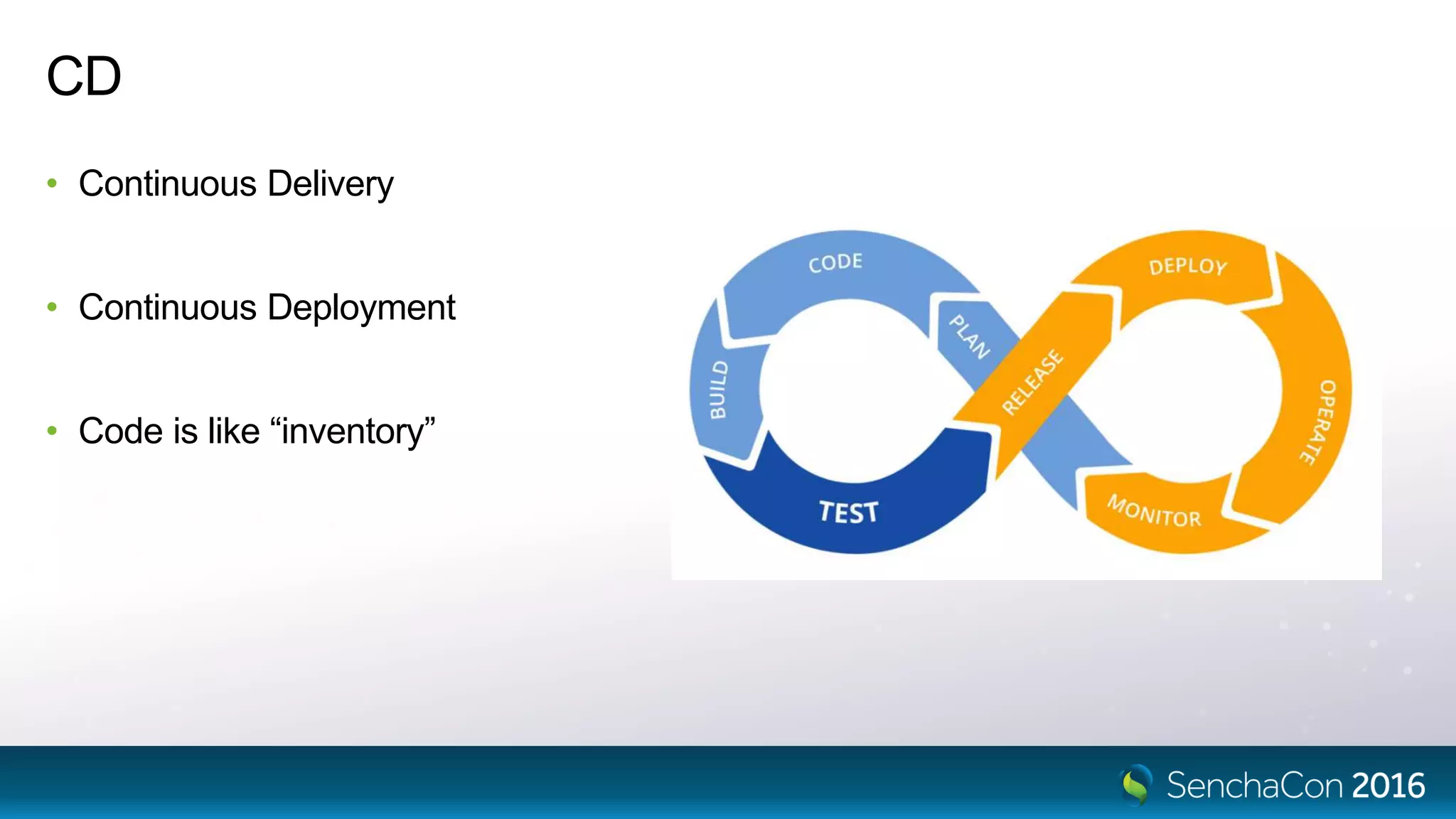 CD
• Continuous Delivery
• Continuous Deployment
• Code is like “inventory”
