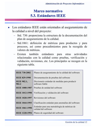 Gestión de la calidad 12
Administración de Proyectos Informáticos
Marco normativoMarco normativo
5.3. Estándares IEEE5.3. Estándares IEEE
Los estándares IEEE están orientados al aseguramiento de
la calidad a nivel del proyecto:
– Std. 730: proporciona la estructura de la documentación del
plan de aseguramiento de la calidad.
– Std.1061: definición de métricas para productos y para
procesos, así como procedimientos para la recogida de
valores de métricas.
– Existen también estándares para otras actividades
relacionadas con la calidad como pruebas, verificación y
validación, revisiones, etc. Los principales se recogen en la
siguiente tabla.
IEEE 730-2002 Planes de aseguramiento de la calidad del software
IEEE 829-1998 Documentación de pruebas del software
IEEE 982.1,
982.2
Diccionario estándar de medidas para producir
software fiable
IEEE 1008-1987 Pruebas de unidad del software
IEEE 1012-1998 Verificación y validación del software
IEEE 1028-1997 Revisiones del software
IEEE 1044-1993 Clasificación estándar para anomalías del software
IEEE 1061-1998
Estándar para una metodología de métricas de
calidad del software
IEEE 1228-1994 Planes de seguridad del software
 