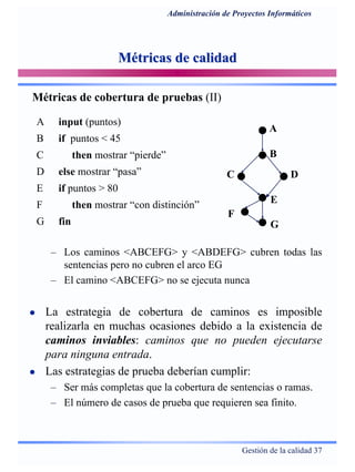 Gestión de la calidad 37
Administración de Proyectos Informáticos
Métricas de calidadMétricas de calidad
A
B
DC
E
G
F
A input (puntos)
B if puntos < 45
C then mostrar “pierde”
D else mostrar “pasa”
E if puntos > 80
F then mostrar “con distinción”
G fin
– Los caminos <ABCEFG> y <ABDEFG> cubren todas las
sentencias pero no cubren el arco EG
– El camino <ABCEFG> no se ejecuta nunca
La estrategia de cobertura de caminos es imposible
realizarla en muchas ocasiones debido a la existencia de
caminos inviables: caminos que no pueden ejecutarse
para ninguna entrada.
Las estrategias de prueba deberían cumplir:
– Ser más completas que la cobertura de sentencias o ramas.
– El número de casos de prueba que requieren sea finito.
Métricas de cobertura de pruebas (II)
 