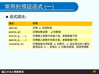 常用的預設函式 (一)
 函式語法：
47
函式 作用
abs(x) 回傳 x 的絕對值
pow(x,y) 回傳指數函數 的數值
min(x,y,...) 回傳輸入參數中的最小值，參數數量不限
max(x,y,...) 回傳輸入參數中的最大值，參數數量不限
round(x,n) 回傳最靠近浮點數 x 的數字，n 設定取位的小數位
數預設為 0 。若接近 x 的數有兩個，則選擇偶數
國立中央大學數學系
 