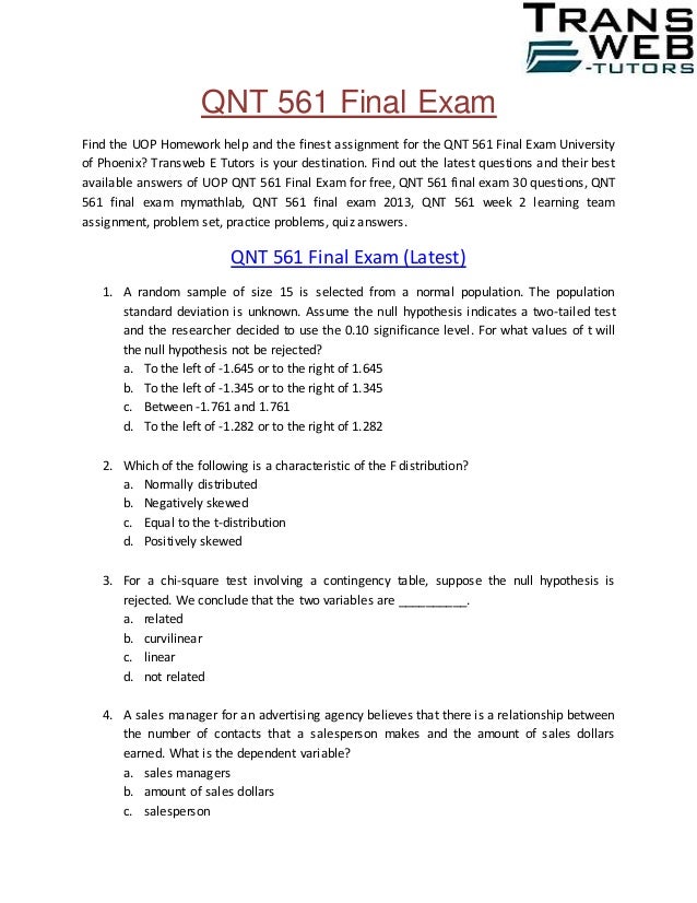QNT 561 Final Examination QNT 561 Final Exam Answers