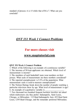standard of process A is 15 while that of B is 7. What can you
conclude?
****************************************************
QNT 351 Week 1 Connect Problems
For more classes visit
www.snaptutorial.com
QNT 351 Week 1 Connect Problem
1. Which of the following is an example of a continuous variable?
2. The incomes of 50 loan applicants are obtained. Which level of
measurement is income?
3. The members of each basketball team wear numbers on their
jerseys. What scale of measurement are these numbers considered?
4. The reported unemployment is 5.5% of the population. What
measurement scale is used to measure unemployment?
5. The Nielsen Ratings break down the number of people watching a
particular television show by age. What level of measurement is age?
6. An example of a qualitative variable is _________________.
7. Two thousand two hundred frequent business travelers are asked
which midwestern city they prefer: Indianapolis, Saint Louis,
Chicago, or Milwaukee. 112 liked Indianapolis best, 452 liked Saint
Louis, 1295 liked Chicago, and the remainder preferred Milwaukee.
 