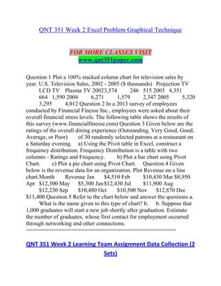 QNT 351 Week 2 Excel Problem Graphical Technique
FOR MORE CLASSES VISIT
www.qnt351paper.com
Question 1 Plot a 100% stacked column chart for television sales by
year. U.S. Television Sales, 2002 - 2005 ($ thousands) Projection TV
LCD TV Plasma TV 20023,574 246 515 2003 4,351
664 1,590 2004 6,271 1,579 2,347 2005 5,320
3,295 4,012 Question 2 In a 2013 survey of employees
conducted by Financial Finesse Inc., employees were asked about their
overall financial stress levels. The following table shows the results of
this survey (www.financialfinesse.com) Question 3 Given below are the
ratings of the overall dining experience (Outstanding, Very Good, Good,
Average, or Poor) of 30 randomly selected patrons at a restaurant on
a Saturday evening. a) Using the Pivot table in Excel, construct a
frequency distribution. Frequency Distribution is a table with two
columns - Ratings and Frequency. b) Plot a bar chart using Pivot
Chart. c) Plot a pie chart using Pivot Chart. Question 4 Given
below is the revenue data for an organization. Plot Revenue on a line
chart.Month Revenue Jan $4,510 Feb $10,430 Mar $8,950
Apr $12,300 May $5,300 Jun$12,430 Jul $11,900 Aug
$12,230 Sep $10,480 Oct $10,500 Nov $12,870 Dec
$11,400 Question 5 Refer to the chart below and answer the questions a.
What is the name given to this type of chart? b. b. Suppose that
1,000 graduates will start a new job shortly after graduation. Estimate
the number of graduates, whose first contact for employment occurred
through networking and other connections.
==============================================
QNT 351 Week 2 Learning Team Assignment Data Collection (2
Sets)
 