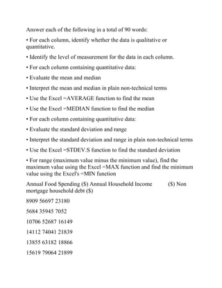Answer each of the following in a total of 90 words:
• For each column, identify whether the data is qualitative or
quantitative.
• Identify the level of measurement for the data in each column.
• For each column containing quantitative data:
• Evaluate the mean and median
• Interpret the mean and median in plain non-technical terms
• Use the Excel =AVERAGE function to find the mean
• Use the Excel =MEDIAN function to find the median
• For each column containing quantitative data:
• Evaluate the standard deviation and range
• Interpret the standard deviation and range in plain non-technical terms
• Use the Excel =STDEV.S function to find the standard deviation
• For range (maximum value minus the minimum value), find the
maximum value using the Excel =MAX function and find the minimum
value using the Excel's =MIN function
Annual Food Spending ($) Annual Household Income ($) Non
mortgage household debt ($)
8909 56697 23180
5684 35945 7052
10706 52687 16149
14112 74041 21839
13855 63182 18866
15619 79064 21899
 