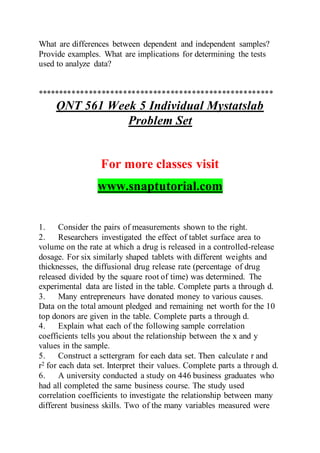 What are differences between dependent and independent samples?
Provide examples. What are implications for determining the tests
used to analyze data?
*******************************************************
QNT 561 Week 5 Individual Mystatslab
Problem Set
For more classes visit
www.snaptutorial.com
1. Consider the pairs of measurements shown to the right.
2. Researchers investigated the effect of tablet surface area to
volume on the rate at which a drug is released in a controlled-release
dosage. For six similarly shaped tablets with different weights and
thicknesses, the diffusional drug release rate (percentage of drug
released divided by the square root of time) was determined. The
experimental data are listed in the table. Complete parts a through d.
3. Many entrepreneurs have donated money to various causes.
Data on the total amount pledged and remaining net worth for the 10
top donors are given in the table. Complete parts a through d.
4. Explain what each of the following sample correlation
coefficients tells you about the relationship between the x and y
values in the sample.
5. Construct a scttergram for each data set. Then calculate r and
r2 for each data set. Interpret their values. Complete parts a through d.
6. A university conducted a study on 446 business graduates who
had all completed the same business course. The study used
correlation coefficients to investigate the relationship between many
different business skills. Two of the many variables measured were
 