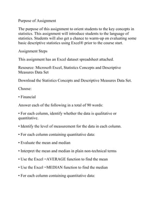 Purpose of Assignment
The purpose of this assignment to orient students to the key concepts in
statistics. This assignment will introduce students to the language of
statistics. Students will also get a chance to warm-up on evaluating some
basic descriptive statistics using Excel® prior to the course start.
Assignment Steps
This assignment has an Excel dataset spreadsheet attached.
Resource: Microsoft Excel, Statistics Concepts and Descriptive
Measures Data Set
Download the Statistics Concepts and Descriptive Measures Data Set.
Choose:
• Financial
Answer each of the following in a total of 90 words:
• For each column, identify whether the data is qualitative or
quantitative.
• Identify the level of measurement for the data in each column.
• For each column containing quantitative data:
• Evaluate the mean and median
• Interpret the mean and median in plain non-technical terms
• Use the Excel =AVERAGE function to find the mean
• Use the Excel =MEDIAN function to find the median
• For each column containing quantitative data:
 
