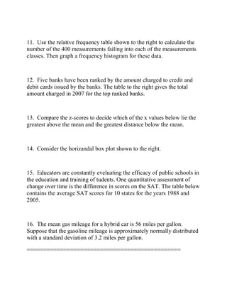 11. Use the relative frequency table shown to the right to calculate the
number of the 400 measurements failing into each of the measurements
classes. Then graph a frequency histogram for these data.
12. Five banks have been ranked by the amount charged to credit and
debit cards issued by the banks. The table to the right gives the total
amount charged in 2007 for the top ranked banks.
13. Compare the z-scores to decide which of the x values below lie the
greatest above the mean and the greatest distance below the mean.
14. Consider the horizandal box plot shown to the right.
15. Educators are constantly eveluating the efficacy of public schools in
the education and training of tudents. One quantitative assessment of
change over time is the difference in scores on the SAT. The table below
contains the average SAT scores for 10 states for the years 1988 and
2005.
16. The mean gas mileage for a hybrid car is 56 miles per gallon.
Suppose that the gasoline mileage is approximately normally distributed
with a standard deviation of 3.2 miles per gallon.
==============================================
 