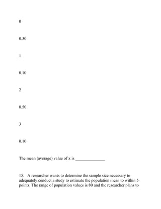 0
0.30
1
0.10
2
0.50
3
0.10
The mean (average) value of x is ______________
15. A researcher wants to determine the sample size necessary to
adequately conduct a study to estimate the population mean to within 5
points. The range of population values is 80 and the researcher plans to
 