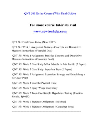 QNT 561 Entire Course (With Final Guide)
For more course tutorials visit
www.newtonhelp.com
QNT 561 Final Exam Guide (New, 2017)
QNT 561 Week 1 Assignment Statistics Concepts and Descriptive
Measures Instructions (Financial Data)
QNT 561 Week 1 Assignment Statistics Concepts and Descriptive
Measures Instructions (Consumer Food)
QNT 561 Week 2 Case Study MBA Schools in Asia Pacific (2 Papers)
QNT 561 Week 3 Case Study SuperFun Toys (2 Papers)
QNT 561 Week 3 Assignment Expansion Strategy and Establishing a
Re-Order Point
QNT 561 Week 4 Case the Payment Time
QNT 561 Week 5 Spicy Wings Case Study
QNT 561 Week 5 Team One-Sample Hypothesis Testing (Election
Results, SpeedX)
QNT 561 Week 6 Signature Assignment (Hospital)
QNT 561 Week 6 Signature Assignment (Consumer Food)
===============================================
 
