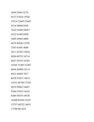 2694 25981 8774
9127 57424 15766
13514 72045 27685
6314 38046 8545
7622 52408 28057
4322 41405 6998
3805 29684 4806
6674 49246 13592
7347 41491 4088
2911 26703 15876
8026 48753 16714
8567 55555 16783
10345 71483 21407
8694 50980 19114
8821 46403 7817
8678 51927 14415
14331 84769 17295
9619 59062 16687
9286 57952 14161
8206 58355 19538
16408 81694 15187
12757 69522 14651
17740 96132 0
 