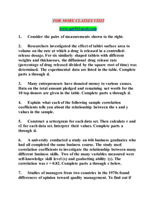 FOR MORE CLASSES VISIT
www.qnt561nerd.com
1. Consider the pairs of measurements shown to the right.
2. Researchers investigated the effect of tablet surface area to
volume on the rate at which a drug is released in a controlled-
release dosage. For six similarly shaped tablets with different
weights and thicknesses, the diffusional drug release rate
(percentage of drug released divided by the square root of time) was
determined. The experimental data are listed in the table. Complete
parts a through d.
3. Many entrepreneurs have donated money to various causes.
Data on the total amount pledged and remaining net worth for the
10 top donors are given in the table. Complete parts a through d.
4. Explain what each of the following sample correlation
coefficients tells you about the relationship between the x and y
values in the sample.
5. Construct a scttergram for each data set. Then calculate r and
r2 for each data set. Interpret their values. Complete parts a
through d.
6. A university conducted a study on 446 business graduates who
had all completed the same business course. The study used
correlation coefficients to investigate the relationship between many
different business skills. Two of the many variables measured were
self-knowledge skill level (x) and goalsetting ability (y). The
correlation was r = 0.82. Complete parts a through c below.
7. Studies of managers from two countries in the 1970s found
differences of opinion toward quality management. To find out if
 