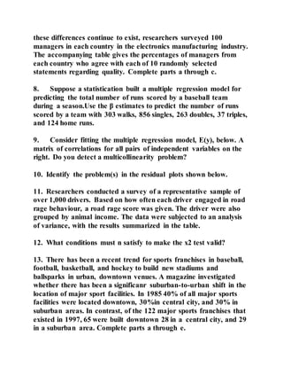 these differences continue to exist, researchers surveyed 100
managers in each country in the electronics manufacturing industry.
The accompanying table gives the percentages of managers from
each country who agree with each of 10 randomly selected
statements regarding quality. Complete parts a through c.
8. Suppose a statistication built a multiple regression model for
predicting the total number of runs scored by a baseball team
during a season.Use the β estimates to predict the number of runs
scored by a team with 303 walks, 856 singles, 263 doubles, 37 triples,
and 124 home runs.
9. Consider fitting the multiple regression model, E(y), below. A
matrix of correlations for all pairs of independent variables on the
right. Do you detect a multicollinearity problem?
10. Identify the problem(s) in the residual plots shown below.
11. Researchers conducted a survey of a representative sample of
over 1,000 drivers. Based on how often each driver engaged in road
rage behaviour, a road rage score was given. The driver were also
grouped by animal income. The data were subjected to an analysis
of variance, with the results summarized in the table.
12. What conditions must n satisfy to make the x2 test valid?
13. There has been a recent trend for sports franchises in baseball,
football, basketball, and hockey to build new stadiums and
ballsparks in urban, downtown venues. A magazine investigated
whether there has been a significanr suburban-to-urban shift in the
location of major sport facilities. In 1985 40% of all major sports
facilities were located downtown, 30%in central city, and 30% in
suburban areas. In contrast, of the 122 major sports franchises that
existed in 1997, 65 were built downtown 28 in a central city, and 29
in a suburban area. Complete parts a through e.
 