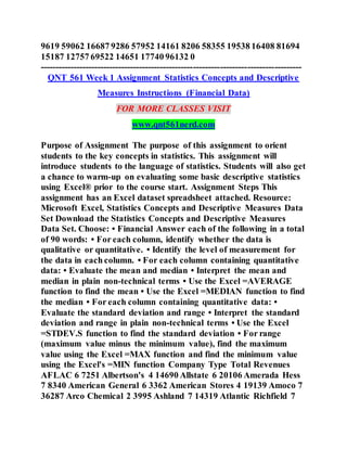 9619 59062 16687 9286 57952 14161 8206 58355 19538 16408 81694
15187 12757 69522 14651 17740 96132 0
---------------------------------------------------------------------------------------
QNT 561 Week 1 Assignment Statistics Concepts and Descriptive
Measures Instructions (Financial Data)
FOR MORE CLASSES VISIT
www.qnt561nerd.com
Purpose of Assignment The purpose of this assignment to orient
students to the key concepts in statistics. This assignment will
introduce students to the language of statistics. Students will also get
a chance to warm-up on evaluating some basic descriptive statistics
using Excel® prior to the course start. Assignment Steps This
assignment has an Excel dataset spreadsheet attached. Resource:
Microsoft Excel, Statistics Concepts and Descriptive Measures Data
Set Download the Statistics Concepts and Descriptive Measures
Data Set. Choose: • Financial Answer each of the following in a total
of 90 words: • For each column, identify whether the data is
qualitative or quantitative. • Identify the level of measurement for
the data in each column. • For each column containing quantitative
data: • Evaluate the mean and median • Interpret the mean and
median in plain non-technical terms • Use the Excel =AVERAGE
function to find the mean • Use the Excel =MEDIAN function to find
the median • For each column containing quantitative data: •
Evaluate the standard deviation and range • Interpret the standard
deviation and range in plain non-technical terms • Use the Excel
=STDEV.S function to find the standard deviation • For range
(maximum value minus the minimum value), find the maximum
value using the Excel =MAX function and find the minimum value
using the Excel's =MIN function Company Type Total Revenues
AFLAC 6 7251 Albertson's 4 14690 Allstate 6 20106 Amerada Hess
7 8340 American General 6 3362 American Stores 4 19139 Amoco 7
36287 Arco Chemical 2 3995 Ashland 7 14319 Atlantic Richfield 7
 