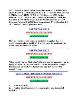 19272 Bausch & Lomb 5 1916 Baxter International 5 6138 Bristol-
Myers Squibb 5 16701 Burlington Coat 1 1777 Central Maine Power
3 954 Chevron 7 41950 CIGNA 6 14935 Cinergy 3 4353 Dayton
Hudson 1 27757 Dillard's 1 6817 Dominion Resources 3 7678 Dow
Chemical 2 20018 DPL 3 1356 E. I. DuPont DeNemours 2 46653
Eastman Chemical 2 4678 Edison International 3 9235 Engelhard 2
3631 Entergy 3 9562 Equitable 6 9666
---------------------------------------------------------------------------------------
QNT 561 Week 1 DQ 1
FOR MORE CLASSES VISIT
www.qnt561nerd.com
How may variance and standard deviation be applied to a real-
world business-related problem? Provide a specific application in
which these measures are useful.
---------------------------------------------------------------------------------------
QNT 561 Week 1 DQ 2
FOR MORE CLASSES VISIT
www.qnt561nerd.com
When would you use Chebyshev’s theorem and the empirical rule in
business? How are they calculated? Provide one real-life example
that requires Chebyshev’s theorem and one that requires the
empirical rule.
---------------------------------------------------------------------------------------
QNT 561 Week 1 Individual My Statslab Problem Set
FOR MORE CLASSES VISIT
www.qnt561nerd.com
1. What is statistics?
2. Explain the difference between descriptive and inferential
statistics.
 