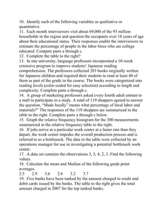 10. Identify each of the following variables as qualitative or
quantitative.
11. Each month interviewers visit about 69,000 of the 93 million
households in the region and question the occupants over 18 years of age
about their educational status. Their responses enable the interviewers to
estimate the percentage of people in the labor force who are college
educated. Compare parts a through c.
12. Complete the table to the right?
13. In one university, language professors incorporated a 10-week
extensive program to improve students’ Japanese reading
comprehension. The professors collected 283 books originally written
for Japanese children and required their students to read at least 40 of
them as part of the grade in the course. The books were categorized into
reading levels (color-coded for easy selection) according to length and
complexity. Complete parts a through c.
14. A group of marketing professors asked every fourth adult entrant to
a mall to participate in a study. A total of 119 shoppers agreed to answer
the question, “Made locally” means what percentage of local labor and
materials?” The responses of the 119 shoppers are summarized in the
table to the right. Complete parts a through c below.
15. Graph the relative frequency histogram for the 300 measurements
summarized in the relative frequency table to the right.
16. If jobs arrive at a particular work center at a faster rate than they
depart, the work center impedes the overall production process and is
referred to as a bottleneck. The data in the table were collected by an
operations manager for use in investigating a potential bottleneck work
center.
17. A data set contains the observations 3, 5, 4, 2, 3. Find the following
values.
18. Calculate the mean and Median of the following grade point
averages.
2.5 2.9 3.6 2.6 3.2 3.7
19. Five banks have been ranked by the amount charged to credit and
debit cards issued by the banks. The table to the right gives the total
amount charged in 2007 for the top ranked banks.
 