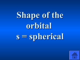Shape of theShape of the
orbitalorbital
s = sphericals = spherical
 