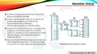 Memória Virtual
Mapeamento da memória virtual
*Gerenciamento de Memória
► A MMU começa por dividindo a memória
física em paginas de 4kb.
► Então o processador usa um conjunto de
tabelas de páginas que definem o
mapeamento de endereços
virtuais para acessar a memória física
► Enquanto a thread executa, as tabelas de
paginas controladas pelo SO controla
como os endereços de memória que estão
sendo usados, são mapeados para a
memória física.
► Se uma thread tenta acessar um endereço
não mapeado para ele, a CPU irá receber
um erro em um tipo especial de interrupção.
 