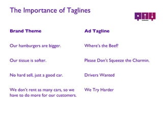 The Importance of Taglines Brand Theme Ad Tagline Our hamburgers are bigger. Where’s the Beef? Our tissue is softer. Please Don’t Squeeze the Charmin. No hard sell, just a good car. Drivers Wanted We don’t rent as many cars, so we have to do more for our customers. We Try Harder 