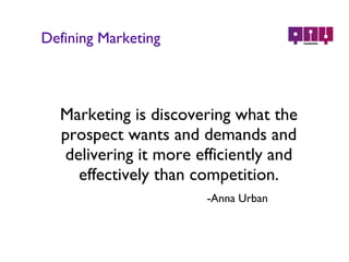 Defining Marketing Marketing is discovering what the prospect wants and demands and delivering it more efficiently and effectively than competition. -Anna Urban 