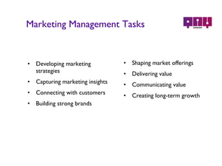 Marketing Management Tasks Developing marketing strategies Capturing marketing insights Connecting with customers Building strong brands Shaping market offerings Delivering value Communicating value Creating long-term growth 