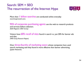 Search: SEM + SEO The resurrection of the Internet Hype  More than  1 billion searches   are conducted online everyday  (searchenginewatch.com). 95% of corporate purchasing agents   use the web to research products and services before selection. (B2B Magazine 2003 Survey) Visitors have  60% recall of sites   found in search vs. just 20% for banner ads and tiles. (NPD Group Research Report) Over  three-fourths of marketing execs   whose companies have used search marketing said they found it more effective than banner advertising. (Jupiter Research) 