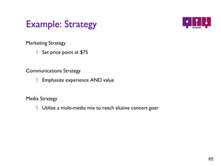 Example: Strategy Marketing Strategy Set price point at $75 Communications Strategy Emphasize experience AND value  Media Strategy Utilize a multi-media mix to reach elusive concert goer 