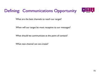 Defining:  Communications Opportunity What are the best channels to reach our target? When will our target be most receptive to our messages? What should we communicate at the point of contact? What new channel can we create? 