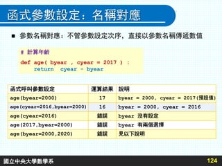 函式參數設定：名稱對應
 參數名稱對應：不管參數設定次序，直接以參數名稱傳遞數值
124
# 計算年齡
def age( byear , cyear = 2017 ) :
return cyear - byear
函式呼叫參數設定 運算結果 說明
age(byear=2000) 17 byear = 2000, cyear = 2017(預設值)
age(cyear=2016,byear=2000) 16 byear = 2000, cyear = 2016
age(cyear=2016) 錯誤 byear 沒有設定
age(2017,byear=2000) 錯誤 byear 有兩個選擇
age(byear=2000,2020) 錯誤 見以下說明
國立中央大學數學系
 