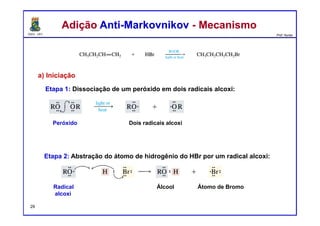 DQOI - UFC Prof. Nunes
Adição Anti-Markovnikov - MecanismoAdição Anti-Markovnikov - Mecanismo
29
a) Iniciação
Etapa 1: Dissociação de um peróxido em dois radicais alcoxi:
Peróxido Dois radicais alcoxi
Etapa 2: Abstração do átomo de hidrogênio do HBr por um radical alcoxi:
Radical Álcool Átomo de Bromo
alcoxi
 