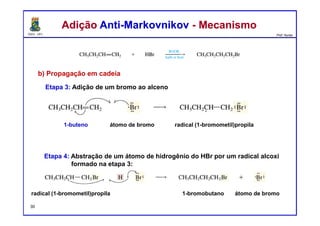 DQOI - UFC Prof. Nunes
Adição Anti-Markovnikov - MecanismoAdição Anti-Markovnikov - Mecanismo
30
b) Propagação em cadeia
Etapa 3: Adição de um bromo ao alceno
1-buteno átomo de bromo radical (1-bromometil)propila
Etapa 4: Abstração de um átomo de hidrogênio do HBr por um radical alcoxi
formado na etapa 3:
radical (1-bromometil)propila 1-bromobutano átomo de bromo
 