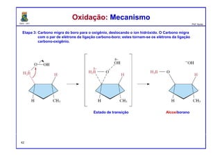 DQOI - UFC Prof. Nunes
Oxidação: MecanismoOxidação: Mecanismo
42
Etapa 3: Carbono migra do boro para o oxigênio, deslocando o íon hidróxido. O Carbono migra
com o par de elétrons da ligação carbono-boro; estes tornam-se os elétrons da ligação
carbono-oxigênio.
Estado de transição Alcoxiborano
 