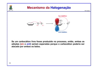 DQOI - UFC Prof. Nunes
Se um carbocátion livre fosse produzido no processo, então, ambas as
adições (sin e anti) seriam esperadas porque o carbocátion poderia ser
atacado por ambos os lados.
Mecanismo da HalogenaçãoMecanismo da Halogenação
52
 