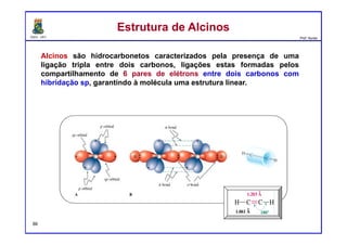 DQOI - UFC Prof. Nunes
Alcinos são hidrocarbonetos caracterizados pela presença de uma
ligação tripla entre dois carbonos, ligações estas formadas pelos
compartilhamento de 6 pares de elétrons entre dois carbonos com
hibridação sp, garantindo à molécula uma estrutura linear.
Estrutura de AlcinosEstrutura de Alcinos
86
 