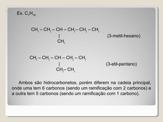 Ex. C7
H16
CH3
– CH2
– CH – CH2
– CH2
– CH3
| (3-metil-hexano)
CH3
CH2
– CH2
– CH – CH2
– CH3
| (3-etil-pentano)
CH2
– CH3
Ambos são hidrocarbonetos, porém diferem na cadeia principal,
onde uma tem 6 carbonos (sendo um ramificação com 2 carbonos) e
a outra tem 5 carbonos (sendo um ramificação com 1 carbono).
 