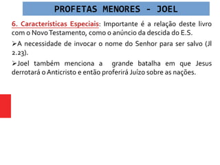 6. Características Especiais: Importante é a relação deste livro
com o NovoTestamento, como o anúncio da descida do E.S.
A necessidade de invocar o nome do Senhor para ser salvo (Jl
2.23).
Joel também menciona a grande batalha em que Jesus
derrotará o Anticristo e então proferirá Juízo sobre as nações.
PROFETAS MENORES - JOEL
 