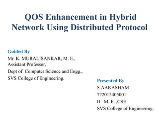 QOS Enhancement in Hybrid 
Network Using Distributed Protocol 
Guided By 
Mr. K. MURALISANKAR, M. E., 
Assistant Professor, 
Dept of Computer Science and Engg., 
SVS College of Engineering. 
Presented By 
S.AAKASHAM 
722012405001 
II M. E. ,CSE 
SVS College of Engineering. 
 