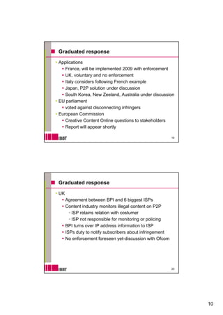 Graduated response

Applications
   France, will be implemented 2009 with enforcement
   UK,
   UK voluntary and no enforcement
   Italy considers following French example
   Japan, P2P solution under discussion
   South Korea, New Zeeland, Australia under discussion
EU parliament
   voted against disconnecting infringers
European Commission
   Creative Content Online questions to stakeholders
   Report will appear shortly

                                                          19




Graduated response

UK
     Agreement between BPI and 6 biggest ISPs
     Content industry monitors illegal content on P2P
        ISP retains relation with costumer
        ISP not responsible for monitoring or policing
     BPI turns over IP address information to ISP
     ISPs duty to notify subscribers about infringement
     No enforcement foreseen yet-discussion with Ofcom
                                yet discussion




                                                          20




                                                               10
 